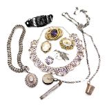 Victorian and later silver and costume jewellery, including a silver locket on chain, jet multi-link