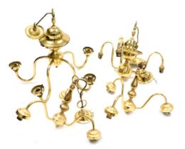 A brass five branch chandelier, 42cm high, further three branch chandelier, 36cm high and a pair of