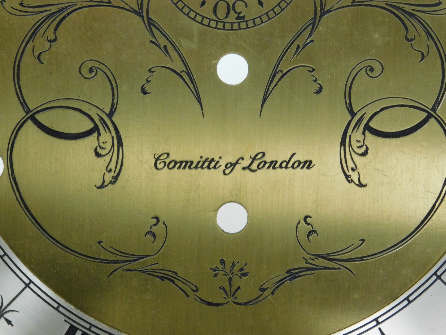 A 20thC Comitti of London brass longcase clock dial, with silvered chapter ring bearing Roman numera - Image 2 of 2