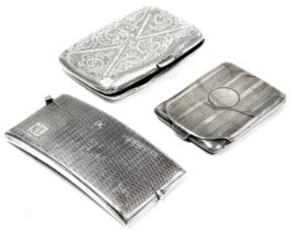 A George V silver curved calling card case, with engine turned decoration, rectangular reserve monog