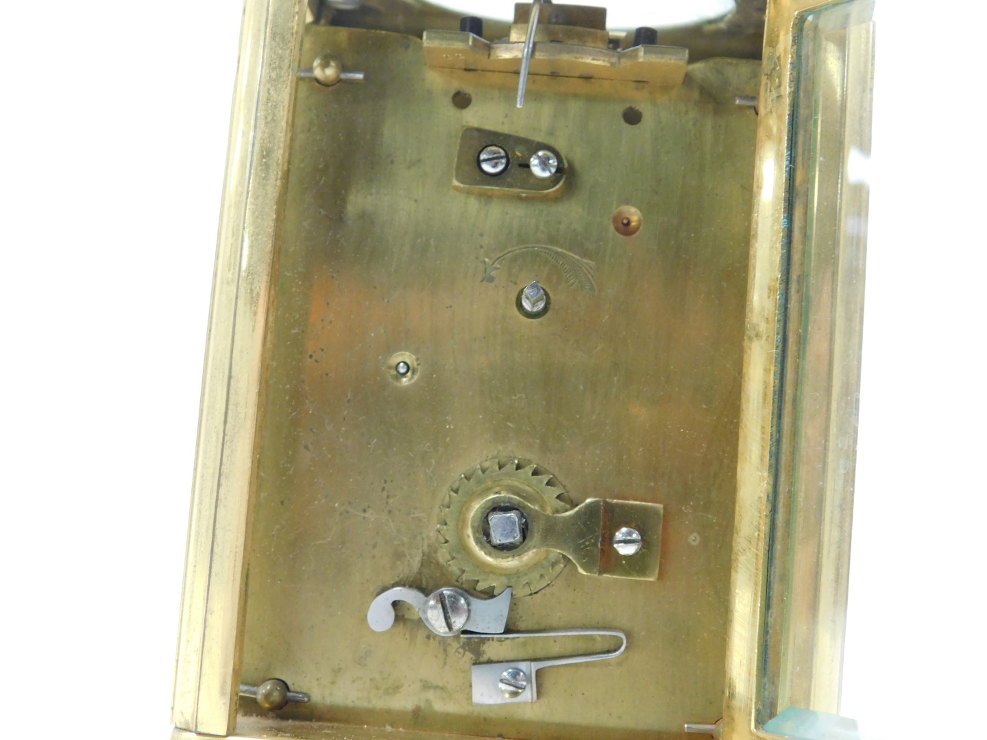 A late 19thC French brass cased carriage clock, rectangular enamel dial bearing Arabic numerals, sin - Image 3 of 3