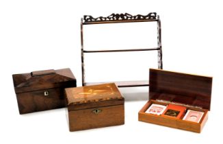 A Regency rosewood tea caddy, of sarcophagus form, 24cm wide, Victorian mahogany and inlaid work box