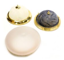 A 20thC frosted glass and brass framed ceiling light, 30cm wide, and two further ceiling lights, wit