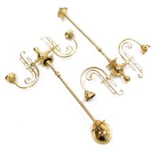 A pair of Victorian style brass twin branch ceiling lights, with scrolling arms, 66cm high.