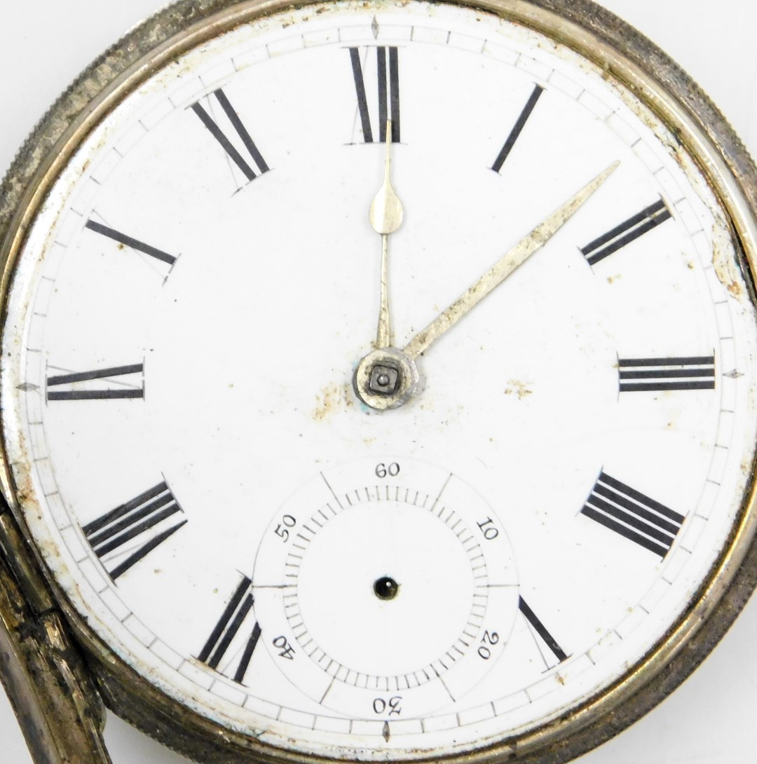 A Victorian gentleman's silver cased pocket watch, open faced, key wind, circular enamel dial bearin - Image 2 of 11