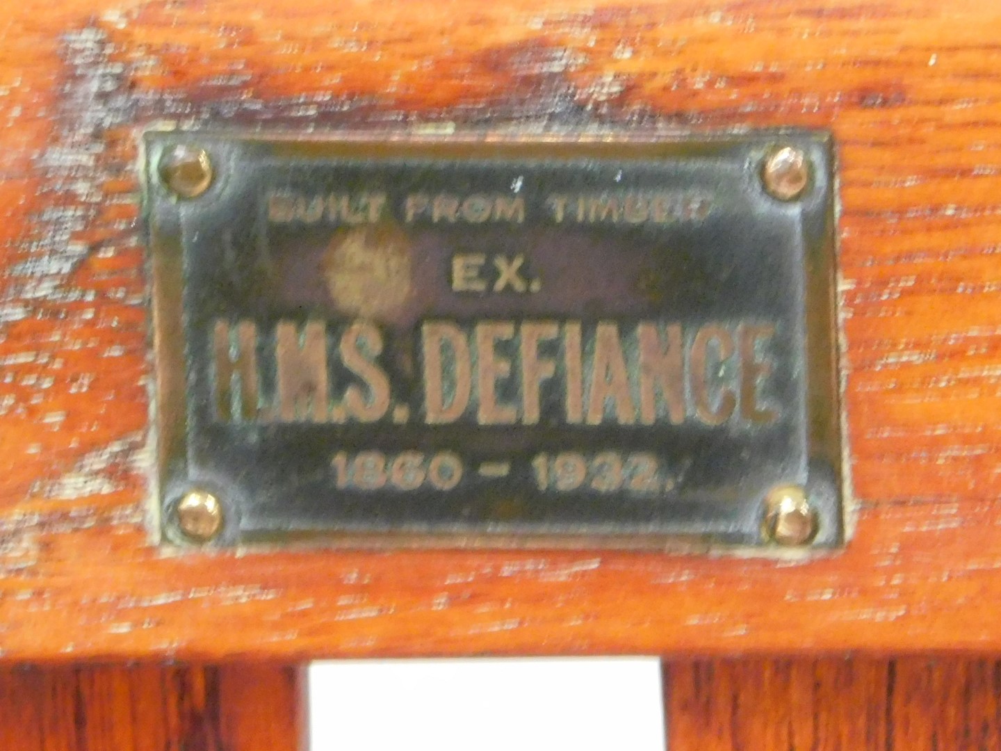 An early 20thC two seater bench, built from the timbers of HMS Defiance, the last wooden line of bat - Image 2 of 2