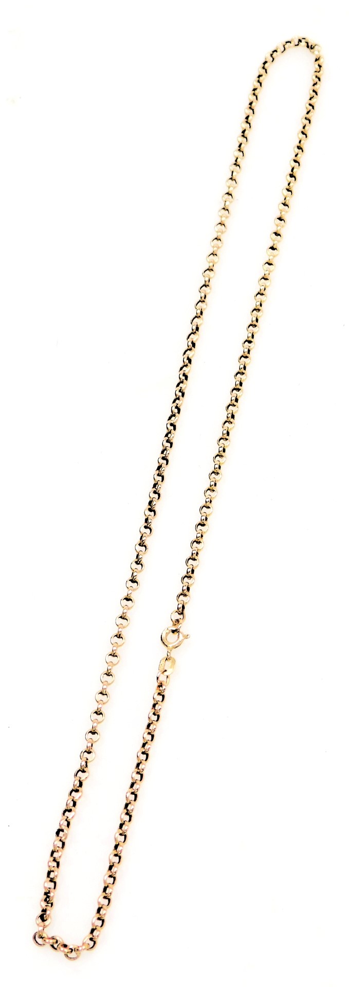 A 9ct gold belcher link neck chain, on a bolt ring clasp, 3.4g.