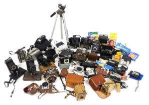 A group of cameras and equipment, including a Beauty Flex camera, Soviet era camera, Zeiss Icon Colo