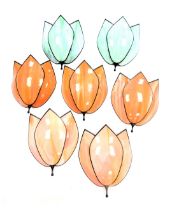 Five triple petalled wall lights, with orange and cream colouring, and a further pair in green and w