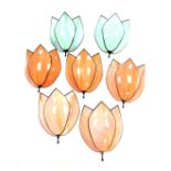 Five triple petalled wall lights, with orange and cream colouring, and a further pair in green and w