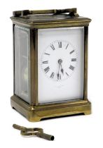 A late 19thC striking brass carriage clock, for George Bucher of Paris, rectangular enamel dial bear