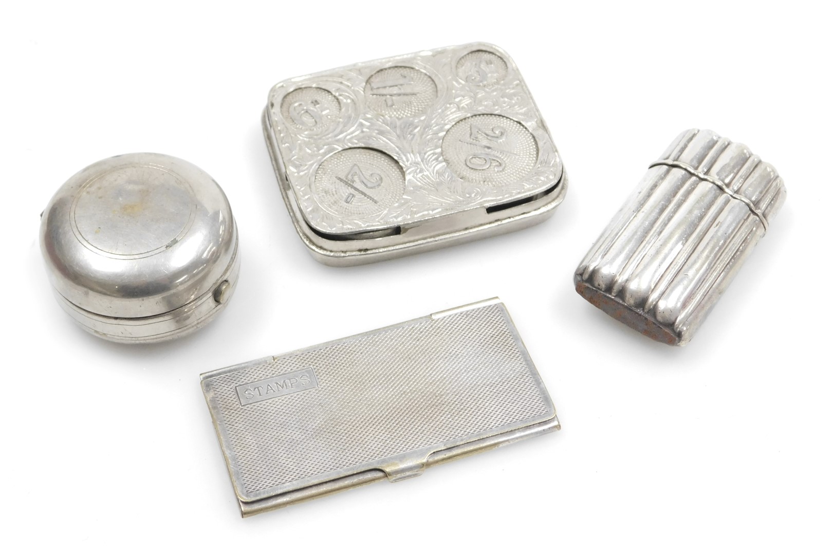 A Victorian silver plated travelling inkwell, fluted vesta case, triple stamp case, with engine turn