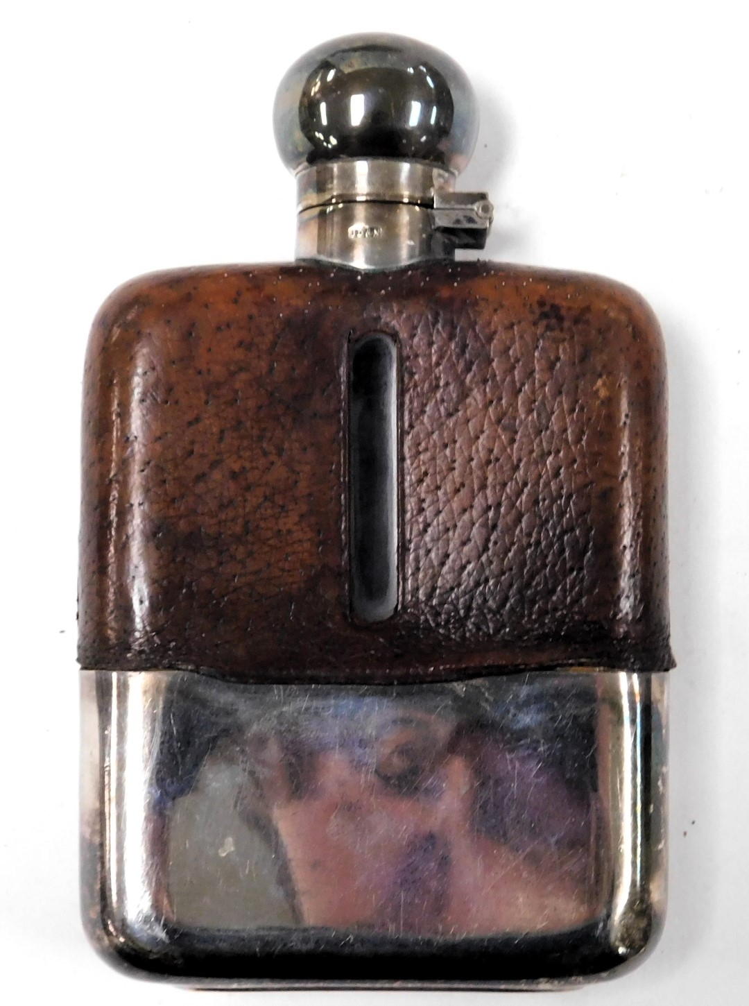 A Victorian glass huntsman's hip flask, with a plated hinged lid, leather cased, a further hip flask - Image 4 of 6