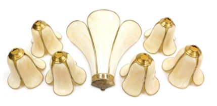 A brass and white opalescent triple petalled wall light, 28cm high, together with six similar lampsh