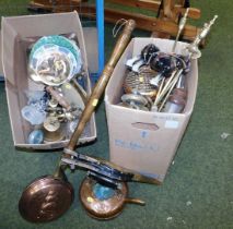 Copper and brass ware, to include fire irons, large kettle with lid, iron, bells, fire dogs, warming