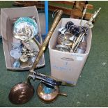 Copper and brass ware, to include fire irons, large kettle with lid, iron, bells, fire dogs, warming