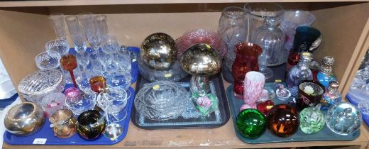 Glassware, to include dump weights, coloured glass, drinking glasses, dessert glasses, etc. (5 trays
