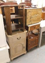 A Victorian elm pot cupboard with marble top, oak occasional table, bedside cabinet and a brass embo