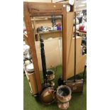 An oak framed bevelled mirror, part door of wardrobe, a copper bed pan, another twin handled copper