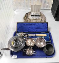 Silver plated wares, to include apostle spoons, tray, berry spoons, fish knife or fish servers, teap