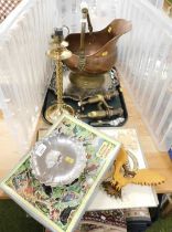 A brass and copper helmet shaped coal scuttle, bird watching puzzle, a silver plated tray, lamp in t