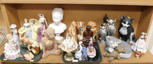 Ceramics, to include figurines, bust of young lady, animal figures to include cats, Coalport porcela