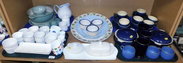 A group of Denby pottery, in two tone blue and yellow, to include tureens and covers, teacups and sa