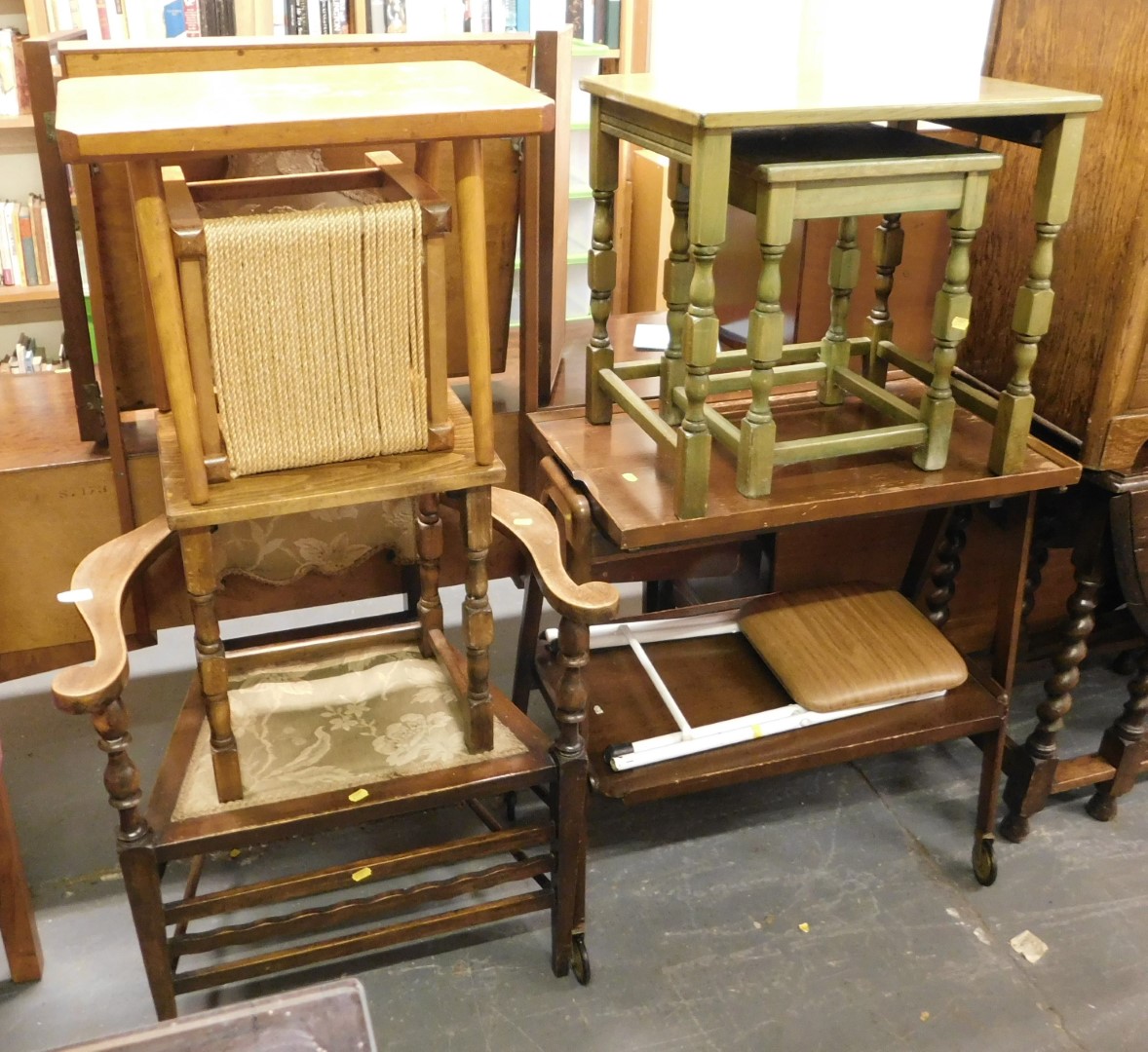 A group of furniture, to include two green stained oak occasional tables, oak two tier hostess troll