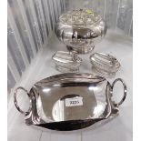 Silver plated items, to include two Ronson table lighters, a silver plated twin handled tray, and a