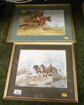 Lillian Reynolds. Hunting scene depicting horse and rider jumping over fallen tree, watercolour, sig