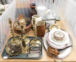 Various brass candlesticks, together with a plated two handled tray, stoneware jug, stirrups, horse