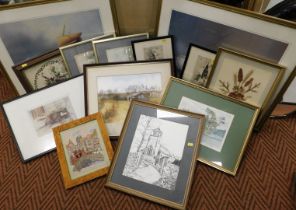 Pictures and prints, landscapes, still life, etching impressions, etc., to include two gold metal re