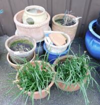 Various garden plant pots, terracotta, blue glazed examples, differing sizes and styles.