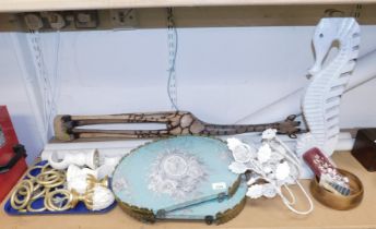 A pair of white painted curtain poles, with rings, acorn finials, etc., together with a treen figure