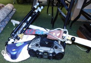 A bluetooth compact disk player, a tripod by Slink, shooting stick, etc.