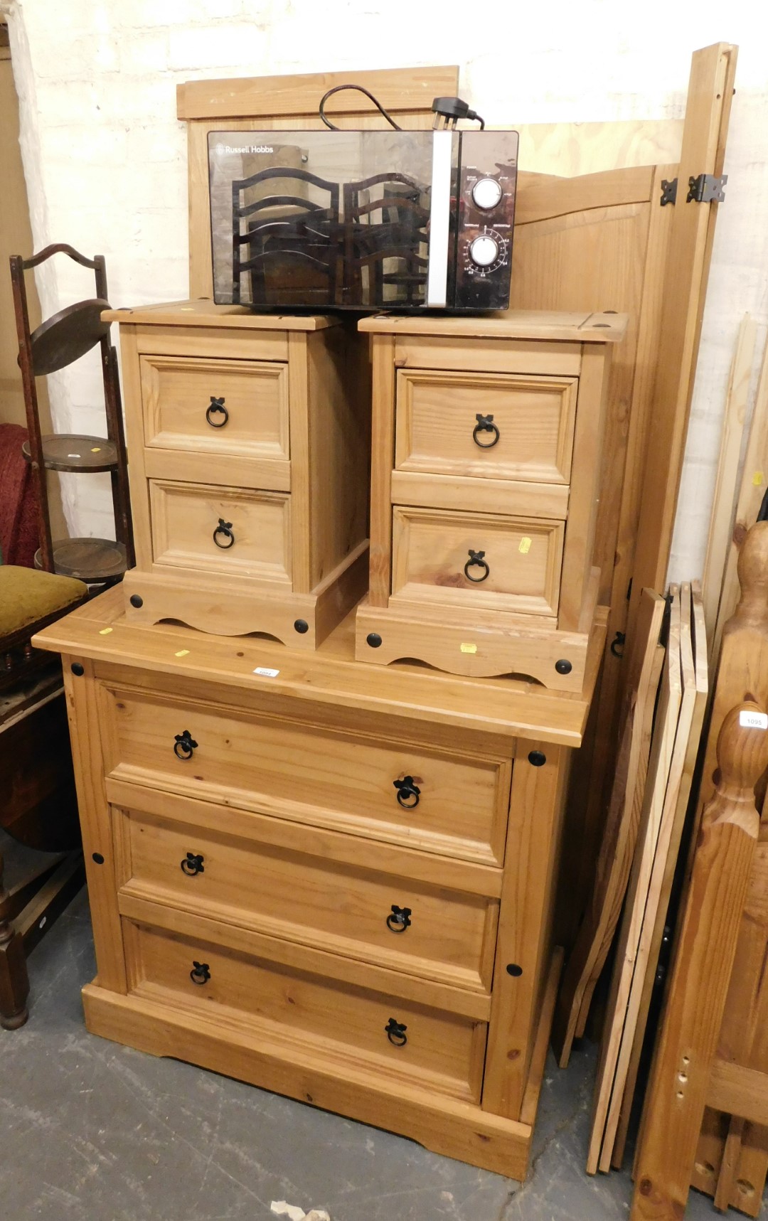 A modern pine part bedroom suite, comprising three drawer chest, 92cm high, 92cm wide, 50cm deep, to