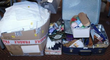 Textiles, including needlework, cottons, wools, linen ware, gloves, etc. (1 suitcase, 1 box, 1 large