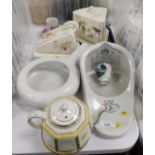 Ceramics, including The New Slipper bed pan, 22cm wide, ;8cm long, another bed pan, two cheese dishe