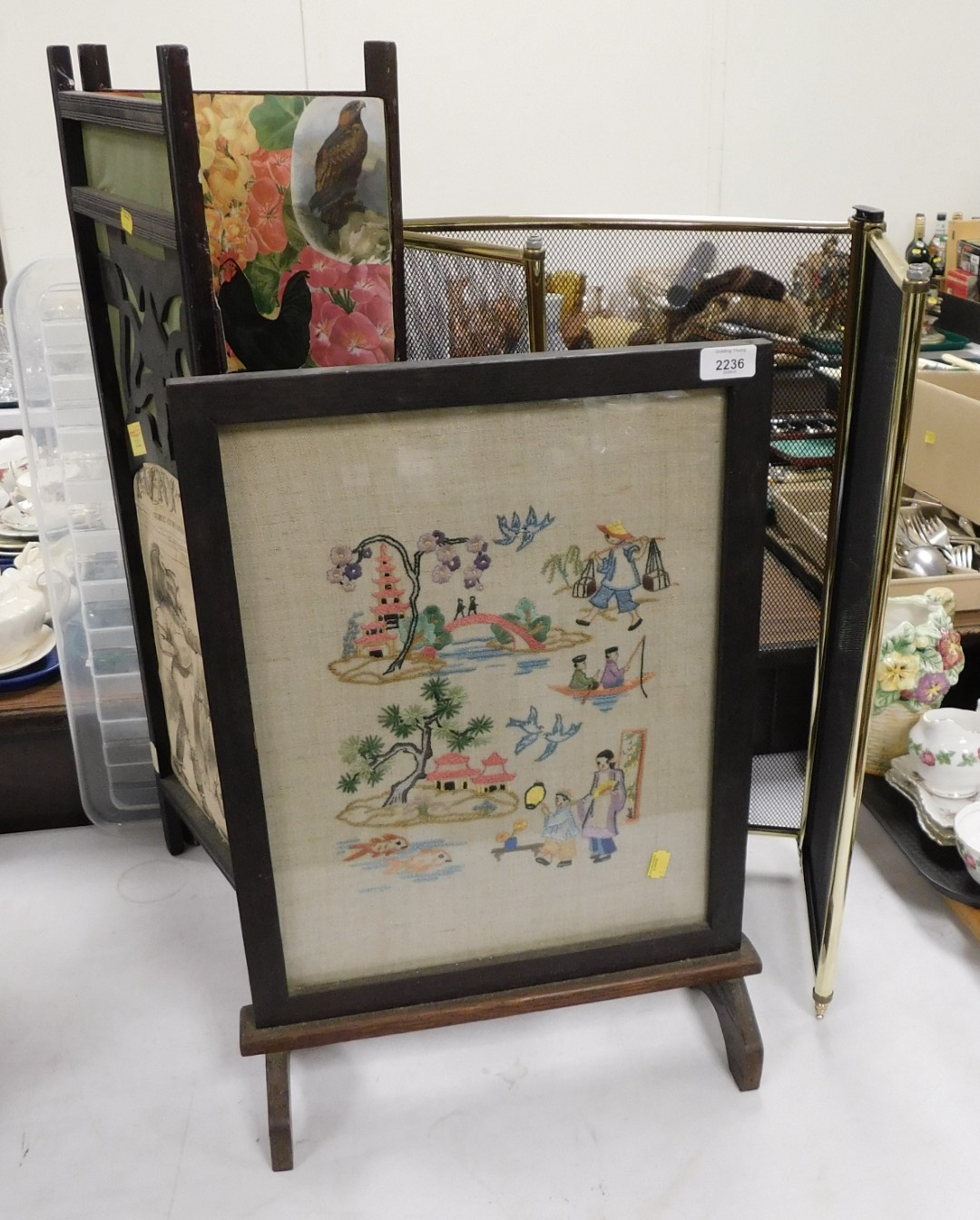 A fire screen, fire guard, and another two fold fire screen with decoupage to back, the tallest, 78c