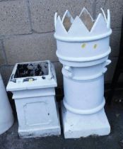 A painted composition chimney pot, of turreted type form, 84cm high, and another, 54cm high.