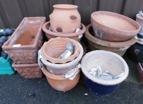 Various terracotta and other garden pots, to include strawberry pot, rectangular planters, etc. (a q