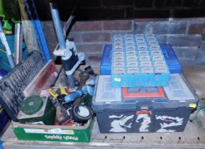 Various hand tools, together with two plastic toolboxes, Harrods Earl Grey tea tin, volt meter, span