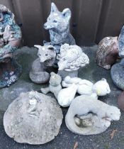 Garden statuary, to include wolf and cubs, fairy seated on toadstool, otter, Teddy bear, etc. (a qua