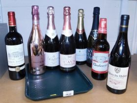 Alcohol, a bottle of Cotes du Rhone 2022, bottle of Prosecco, bottle of Pinot Noir, bottle of champa