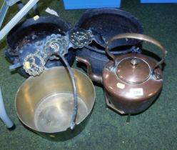 Brass and copper wares, including a preserve pan, kettle, cast iron cooking pots, horse brasses, sma