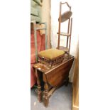 A folding oak gate leg table, an oak folding cake stand and late Victorian stool. (3)