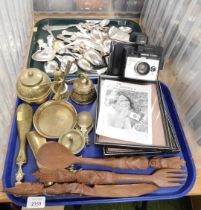 Brassware, treen and silver plated flatware, including King's pattern flatware, Polaroid Square Shoo