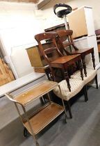 Two 19thC mahogany dining chairs, a pair of Regency type dining chairs, together with a two tier tro