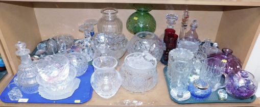 Glassware, to include large bowls, glasses, coloured glassware, cut glass decanters, cut glass tanka