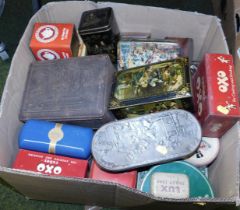 Various bygone tins, to include Lux toilet soap, OXO Cubes, etc. (1 box)